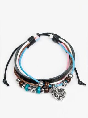 Bohemian Multi-Strand Heart Charm Bracelet - Black, Blue, Pink, Brown